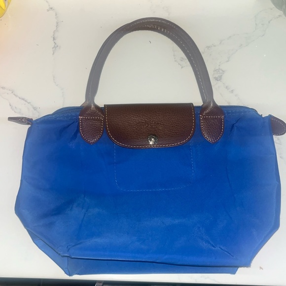Longchamp Handbags - Small Longchamp Blue/Brown Nylon and Leather Le Pliage Tote